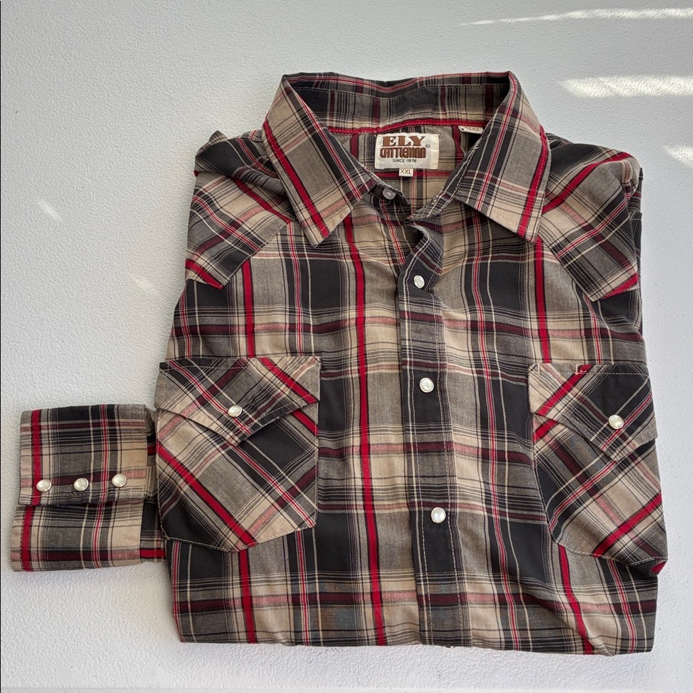 Ely Cattleman Tan/Brown Plaid Shirt Pearl Snaps Western XXL